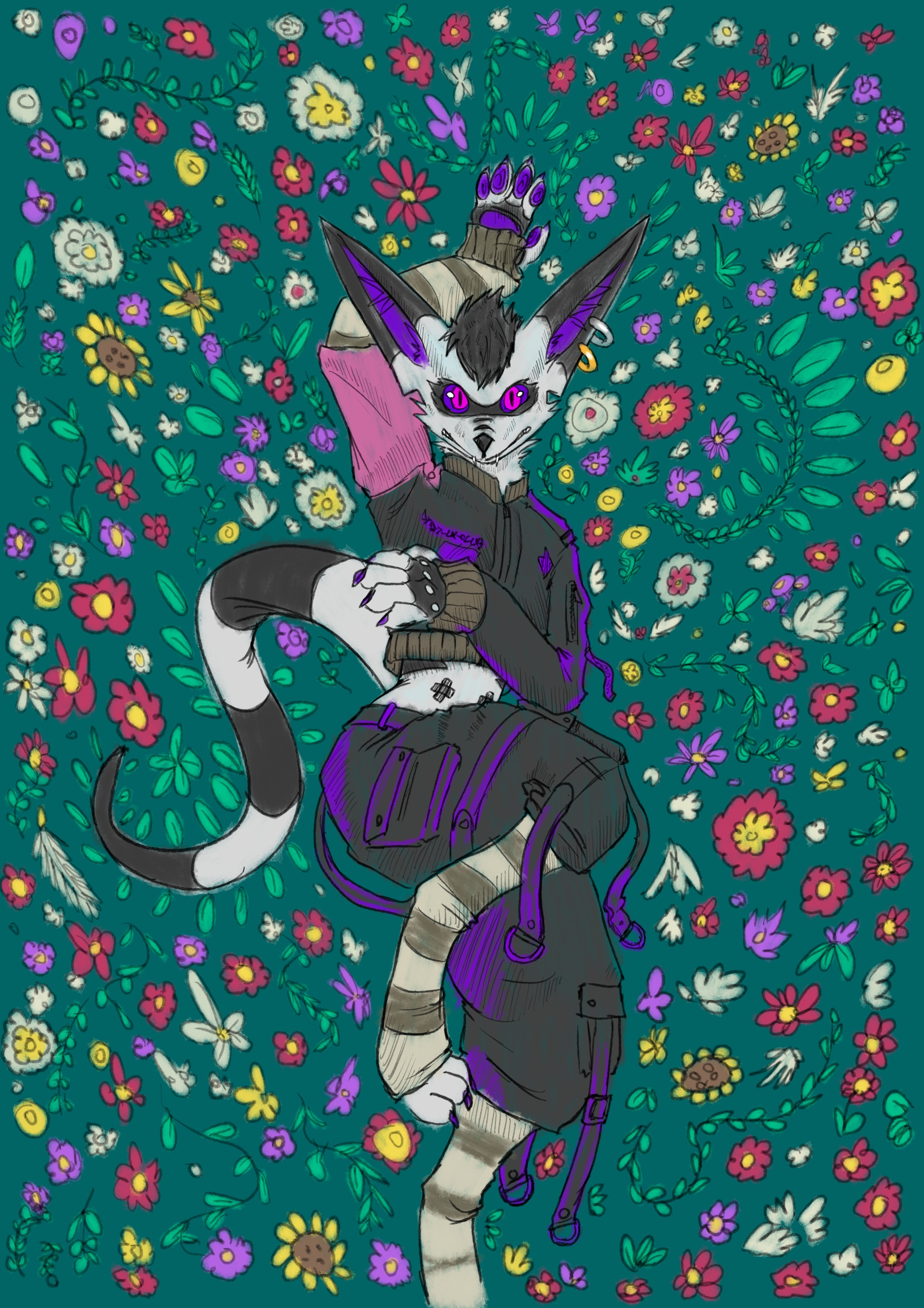 Leslie Vesslar, reclining in a bed of flowers, staring directly at you.